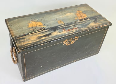 Elizabeth Dean Folk Art Whaling Scene Paint Decorated Trunk, 20th century