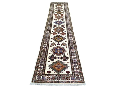 Ivory Hand Knotted Wool Kazak Oriental Carpet Runner