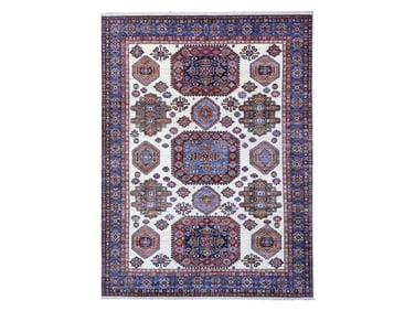 Shoreline White and Sapphire Blue Hand Knotted Wool Kazak Style Oriental Carpet