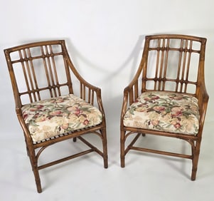 Pair of McGuire Organic Bamboo Leather and Rattan Arm Chairs