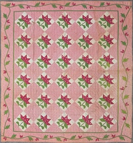Antique Red and Green Calico Oak Leaf Patchwork Quilt, 19th Century
