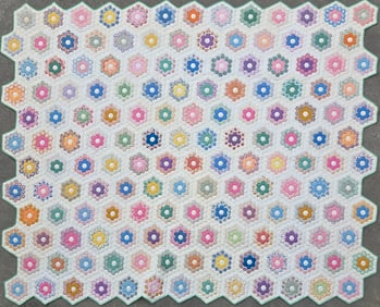 Vintage Multi-Color Grandmother's Flower Garden Patchwork Quilt, circa 1930s