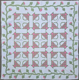 Vintage Pink and Green Basket Patchwork Quilt, circa 1930s