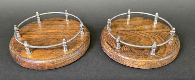Pair of Oak and Silverplate Gallery Yacht Coasters, 20th century
