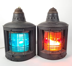 Pair of Large Antique Nautical Ship Port & Starboard Lantern Lights