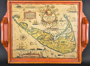 Original Tony Sarg Carved and Painted Nantucket Map Serving Tray, 20th century
