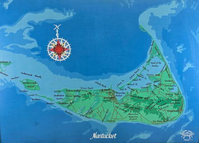 Jim Tillett Silk Screen on Canvas Nantucket Island Map, 20th century