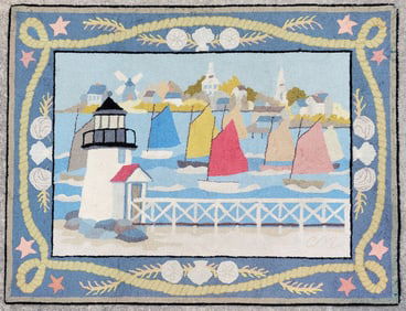 Vintage Claire Murray Nantucket Rainbow Fleet Hooked Rug Carpet