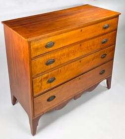 Antique American Tiger Maple and Cherry Four Drawer Chest of Drawers, 19th centur