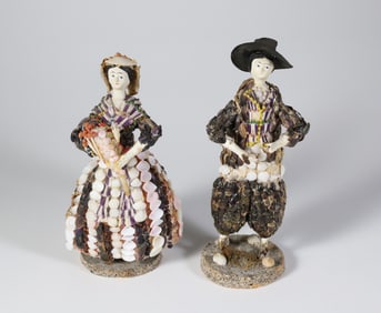Pair of Coquille Seashell Embossed Figures of a Man and Woman, 18th / 19th Century