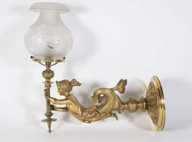 Brass Wall Sconce in the Form of a Mermaid Holding a Shade, American, circa 1850-1860