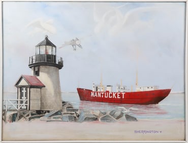 Sherrington Oil on Canvas "View of Brant Point Light and the Nantucket Lightship"