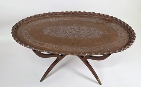 Vintage Mid Century Modern Turkish Style Engraved Copper Coffee Table