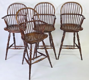 Set of Four English Oak Bow Back Windsor Bar Stools