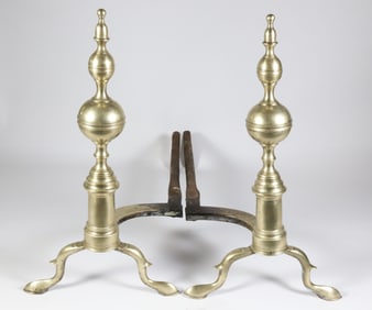 Scarce Signed N. Johnson - Boston Brass Ball and Finial Top Andirons, 19th Century