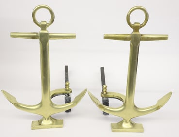 Pair of Vintage Brass Nautical Anchor Andirons