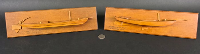 Two Vintage Hand Carved Diminutive Half Hull Boat Models, 20th century