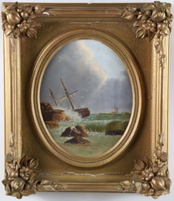 Oil on Canvas American School Seascape "On The Rocks", 19th Century