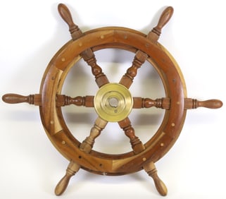 Vintage Teak and Brass Nautical Ships Wheel