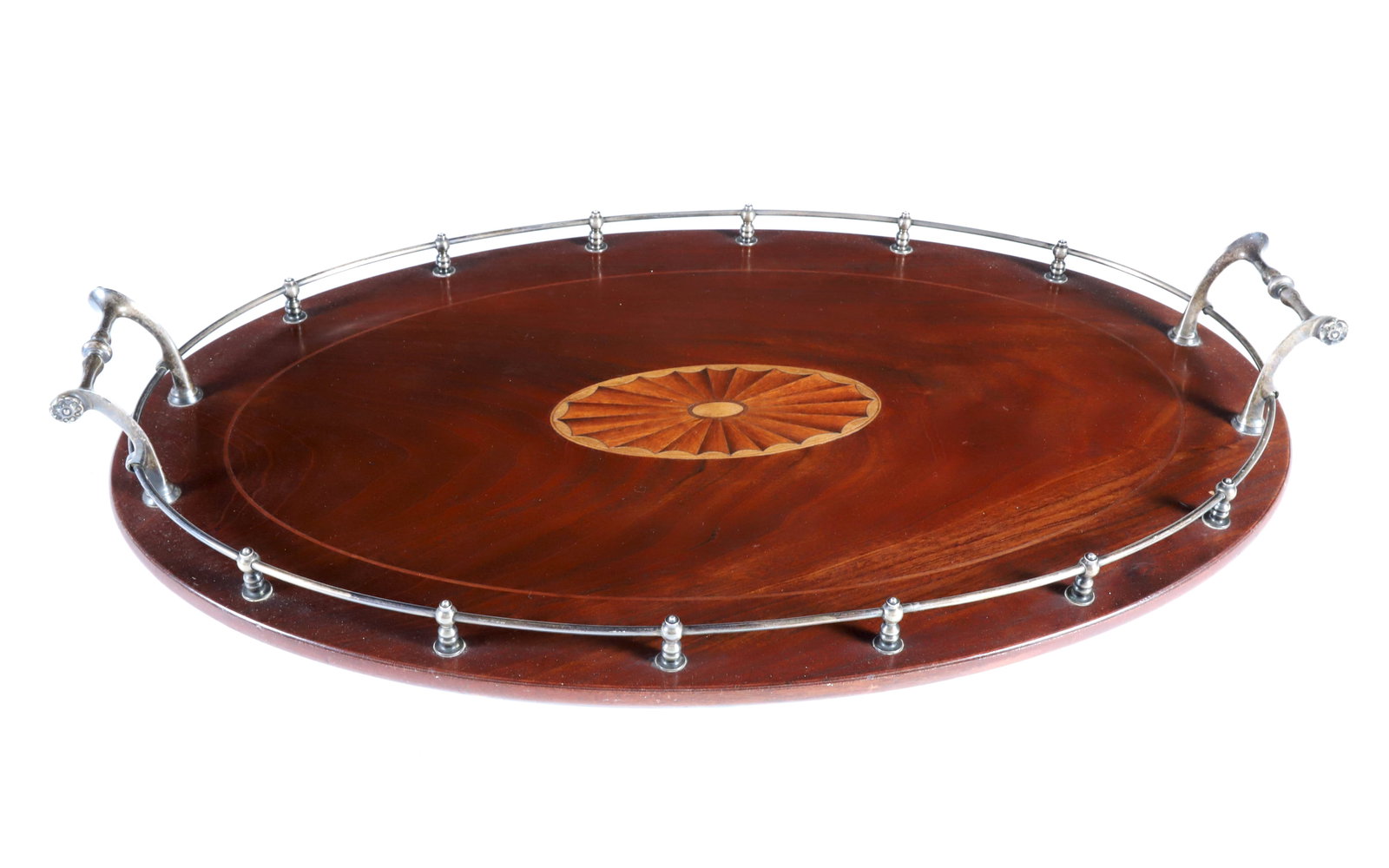 Mahogany Multi-Wood Inlaid Silver Plated Gallery Serving Tray: Mahogany Multi-Wood Inlaid Silver Plated Gallery Serving Tray with Silver Plated Handles Length 19 in.