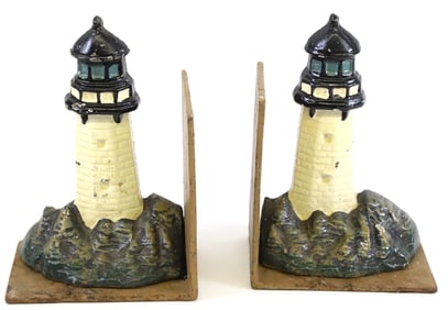 Pair of Vintage Cast Iron Paint Decorated Lighthouse Doorstop Bookends