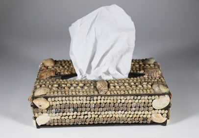 Shell Encrusted Tissue Box with Slide Cover on Base