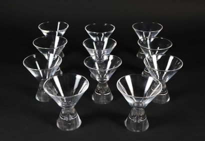 Set of 11 Signed Steuben Martini Glasses Designed by George Thompson