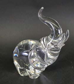 Vintage Signed Steuben Clear Crystal Figural Trumpeting Elephant Figurine