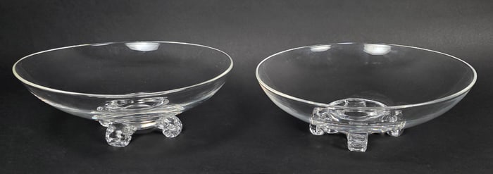 Pair of John Dreves Large Signed Steuben Clear Crystal Scroll Footed Bowls, 20th century