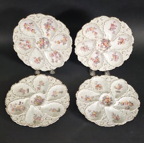 Set of Four Antique German Porcelain Floral Oyster Plates, 19th century