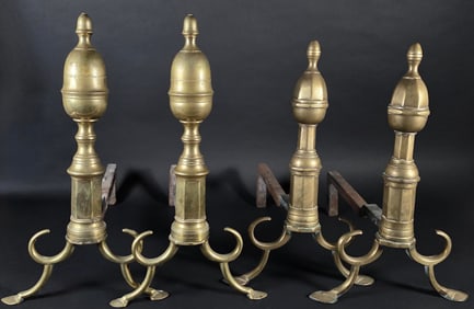 Scarce Near Two Pair of Antique Philadelphia Brass Andirons, late 18th Century