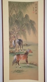 Fine Antique Chinese Watercolor Hanging Scroll Portrait Horses and Trees