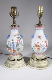 Pair of Antique Chinese Famille Porcelain Vases Mounted as Lamps