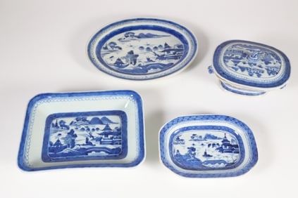 Assortment of Four Pieces of Blue and White Canton China, 19th Century
