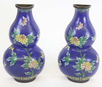 Pair of Antique Chinese Cloisonne Double Gourd Vase Wall Pockets