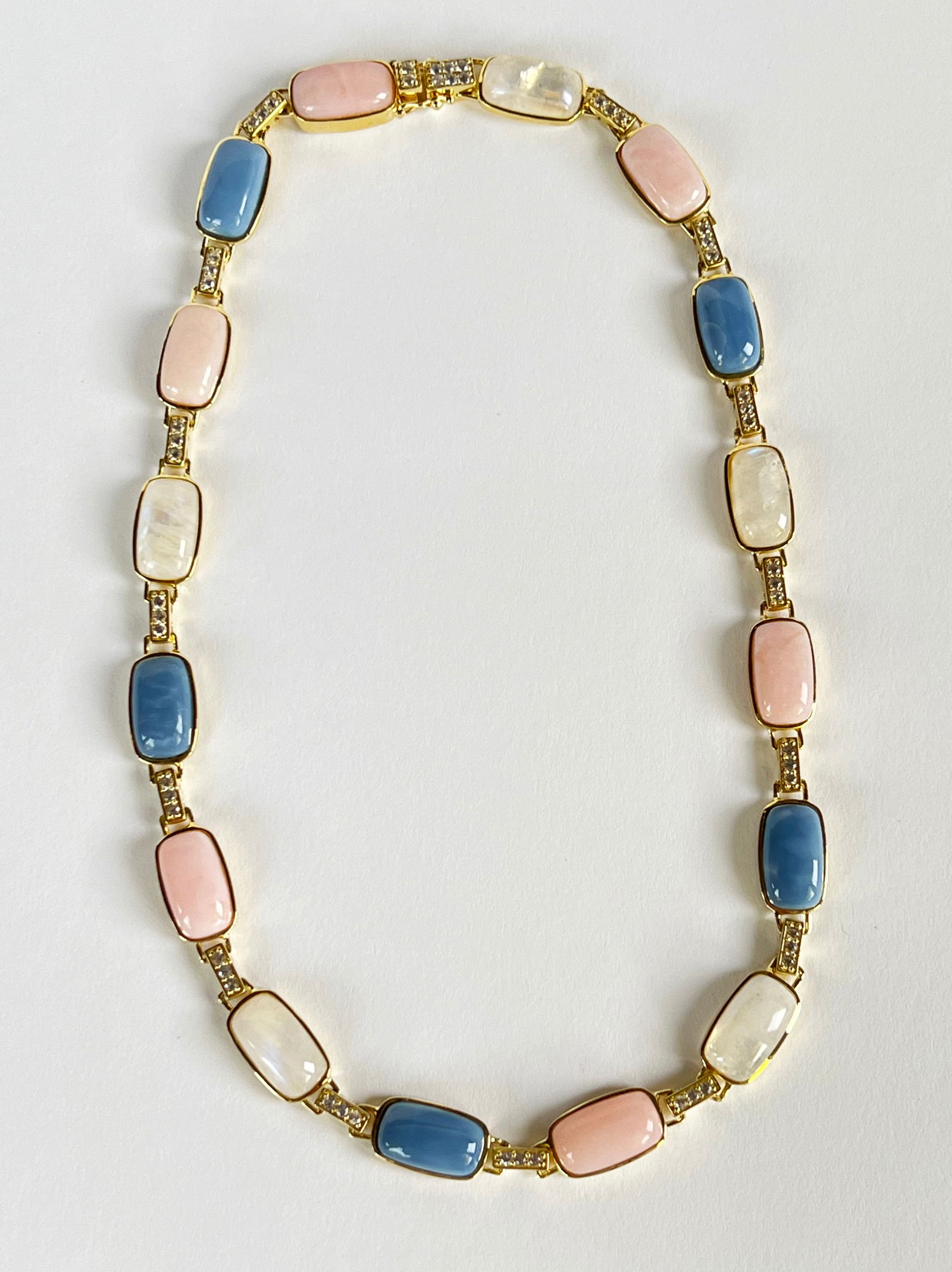 Moonstone, Pink and Blue Quartz, Sterling Silver Vermeil Necklace: Moonstone, Pink and Blue Quartz, Sterling Silver Vermeil Necklace, set with natural Zircons Length 17.5 in.