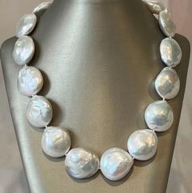 Fine 26mm Lustrous Baroque Coin Pearl Necklace, Vermeil Diamond Clasp