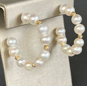 Pair of 7mm White Pearl Hoop Earrings, 18k Gold Bead Accents