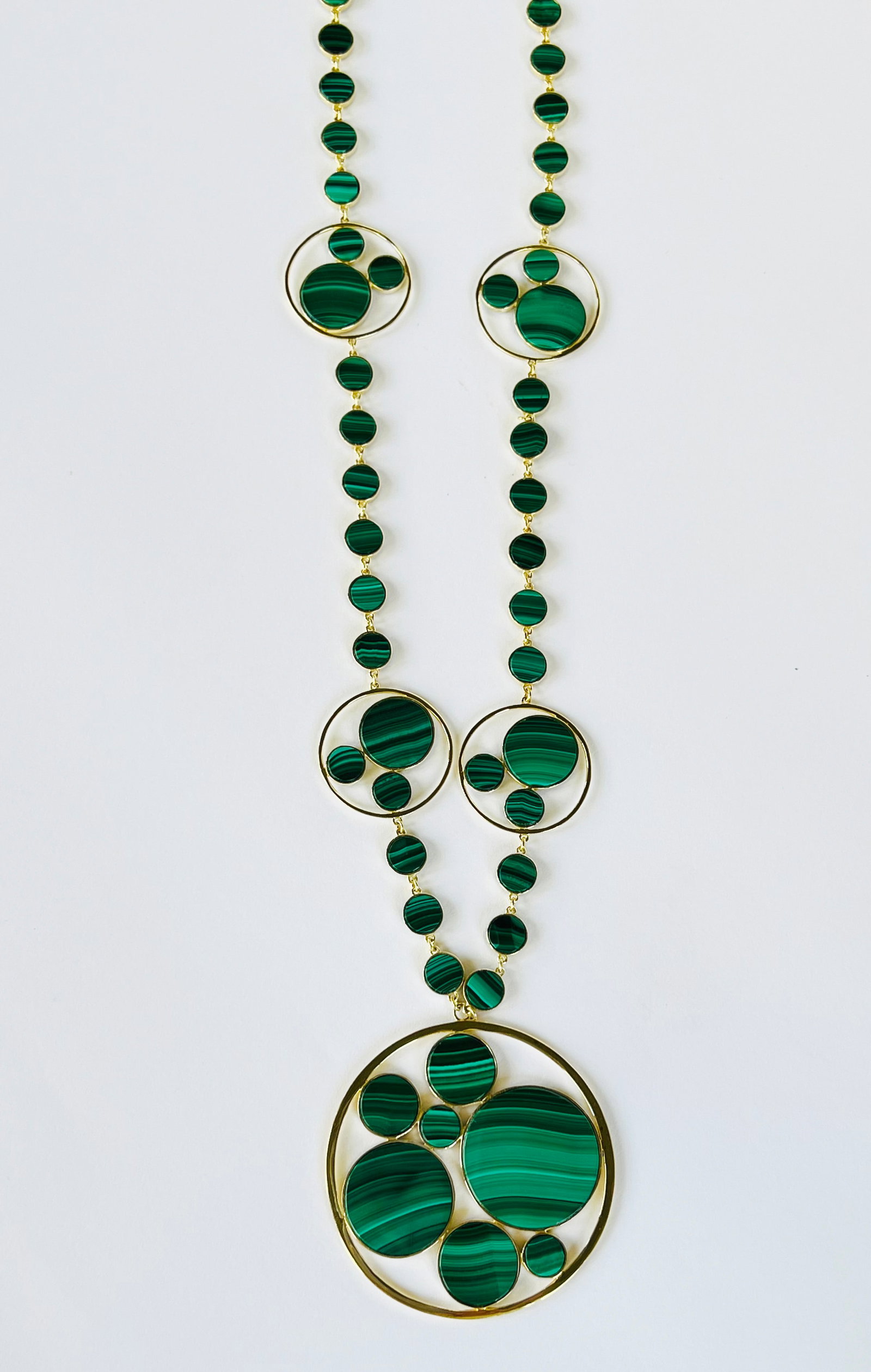 Malachite and Vermeil Sterling Silver Contemporary Necklace: Malachite and Vermeil Sterling Silver Contemporary Necklace Length 20 in. Diameter Pendant 2.25 in.