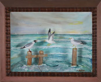 Folk Art Diorama of Seagulls on Pilings