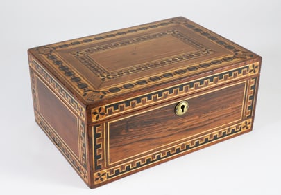 Antique Tropical Wood and Mutil-Wood Inlaid Box with Interior Mirror