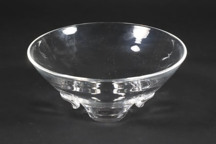 Signed Steuben Clear Crystal Bowl with Applied Finger Grips