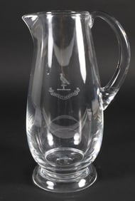 Signed Steuben Clear Crystal Water Pitcher with Etched Bird and "Moveo-et-Proficior"