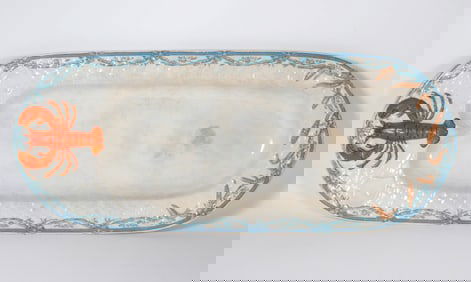 Antique Oval Porcelain Seafood Serving Platter with Lobster Motif