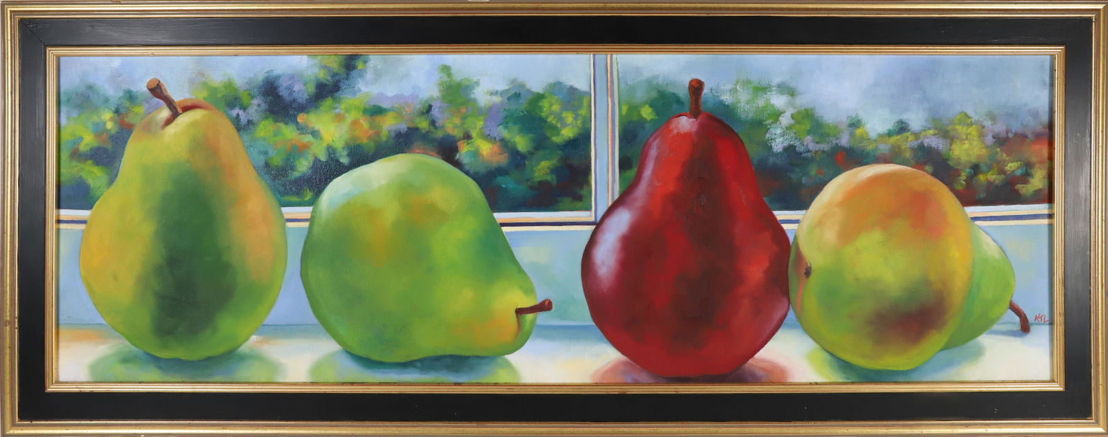 Katie Trinkle Legge Oil on Canvas "4 Pears": Katie Trinkle Legge (Nantucket Contemporary) Oil on Canvas "4 Pears", initialed lower right KTL in ebonized and gilt frame Overall 16 in. x 40 in.