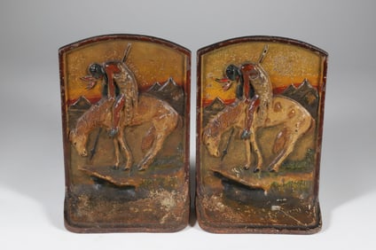 Antique Painted Cast Iron "End of the Trail" Native American Bookends