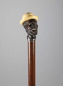 Ebony Smiling Dapper Gentleman Wearing Derby Bowler Hat Walking Stick, 19th Century