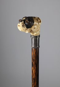 Finely Carved American Bulldog Head Grip Walking Stick, 19th Century