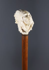 American Carved Bust of a Native American Chief Walking Stick, 19th Century