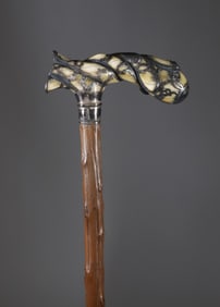 American Engraved and Monogrammed Sterling Silver Overlay L-Handle Grip Cane, 19th Century